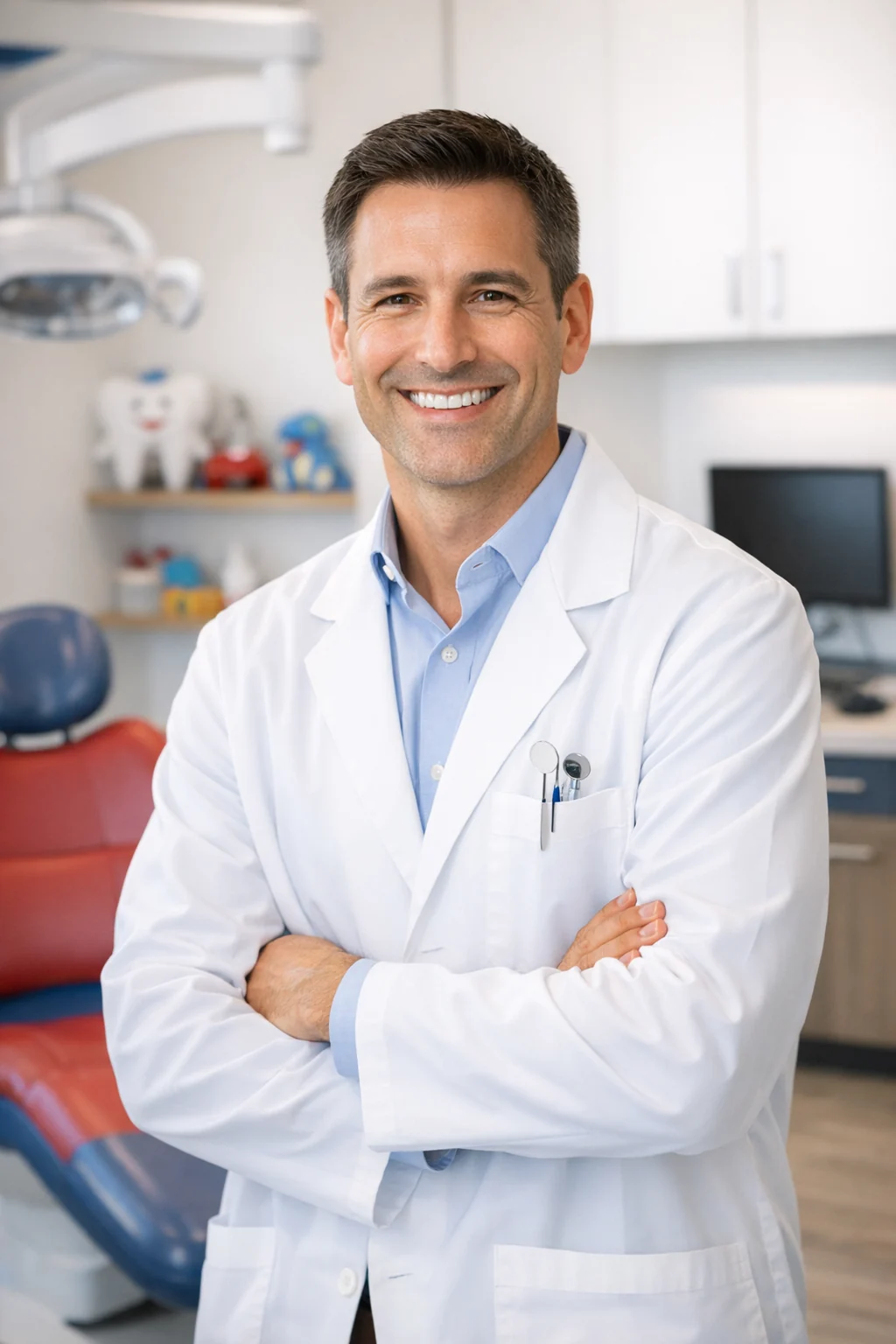 Bay Area Smiles dentist holding dental equipment