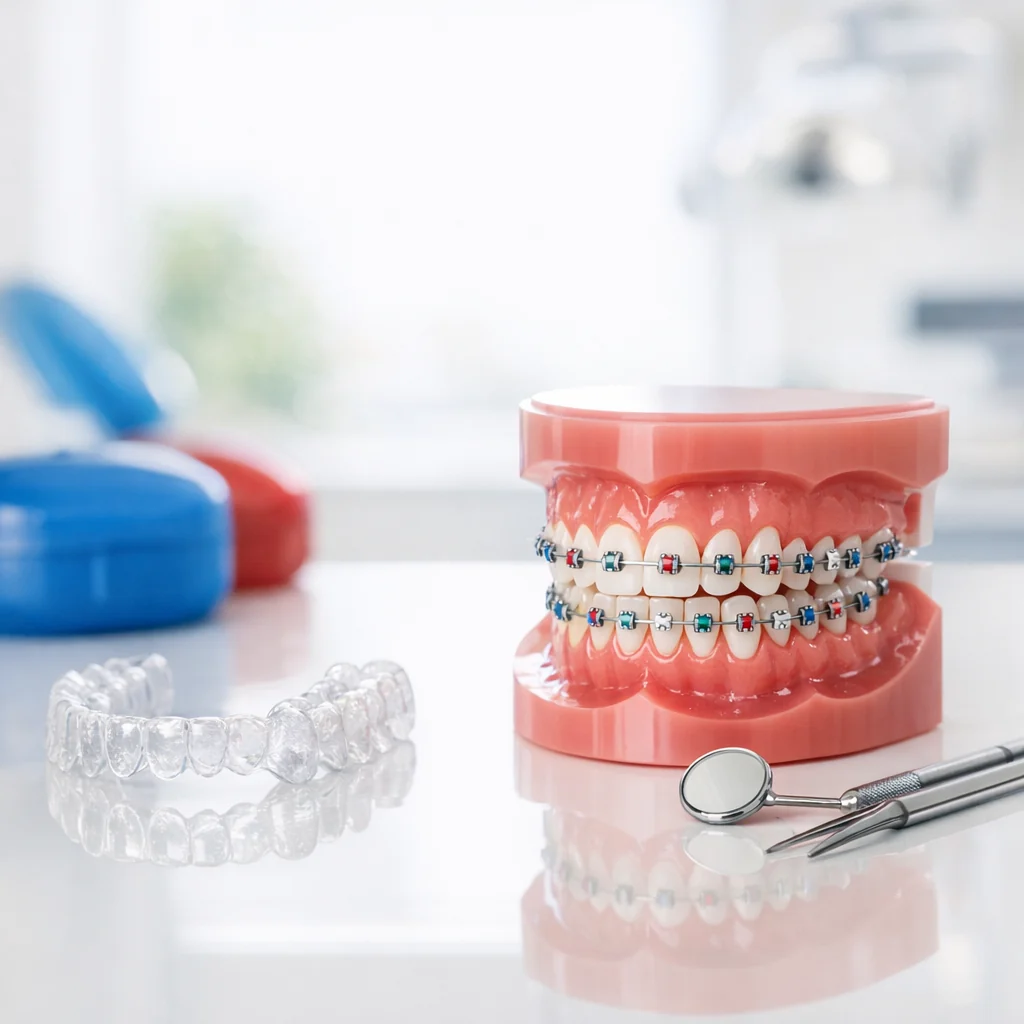 Dentist holding clear orthodontic aligners