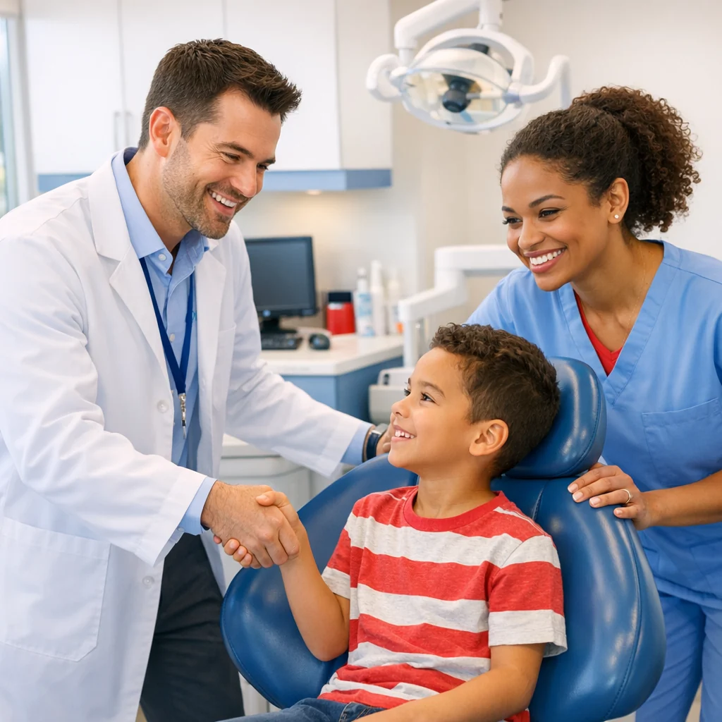 Child smiling next to a female dentist